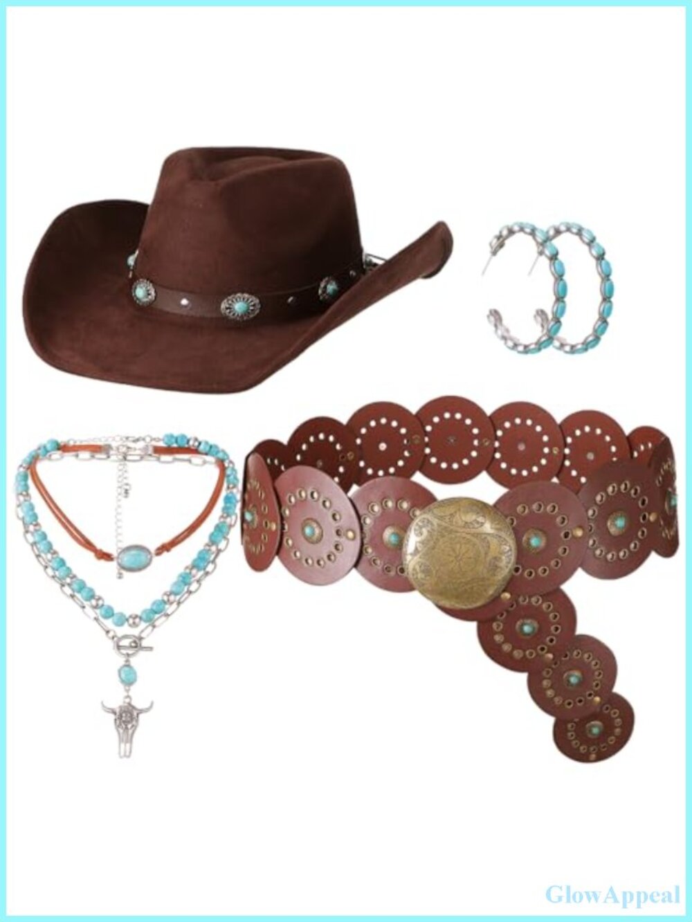 4-Piece Cowgirl Accessory Set with Suede & PU Leather Cowboy Hat, Belt,